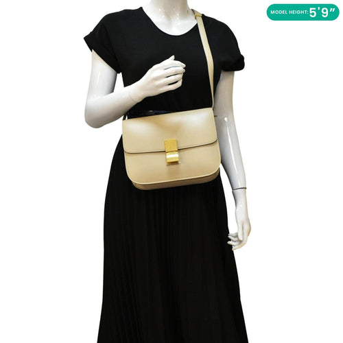 CELINE Classic Box Medium Leather Flap Shoulder Bag Greige