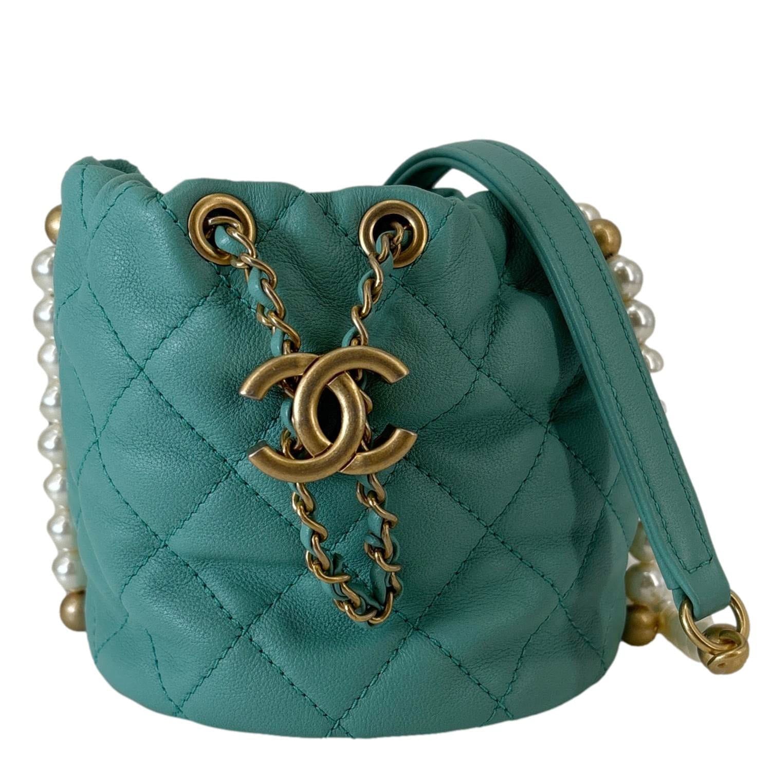 CHANEL About Pearls Quilted Calfskin Leather Drawstring Bucket Bag Teal