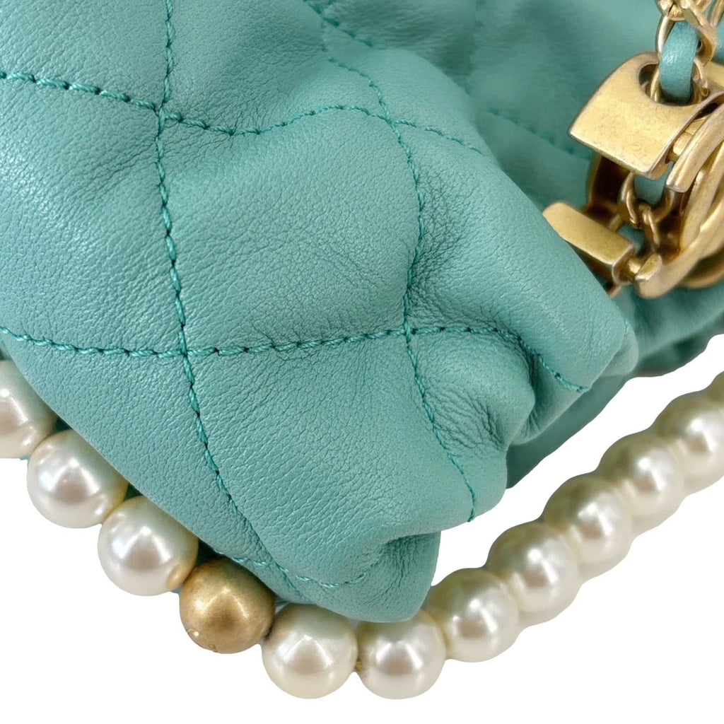 CHANEL About Pearls Quilted Calfskin Leather Drawstring Bucket Bag Teal