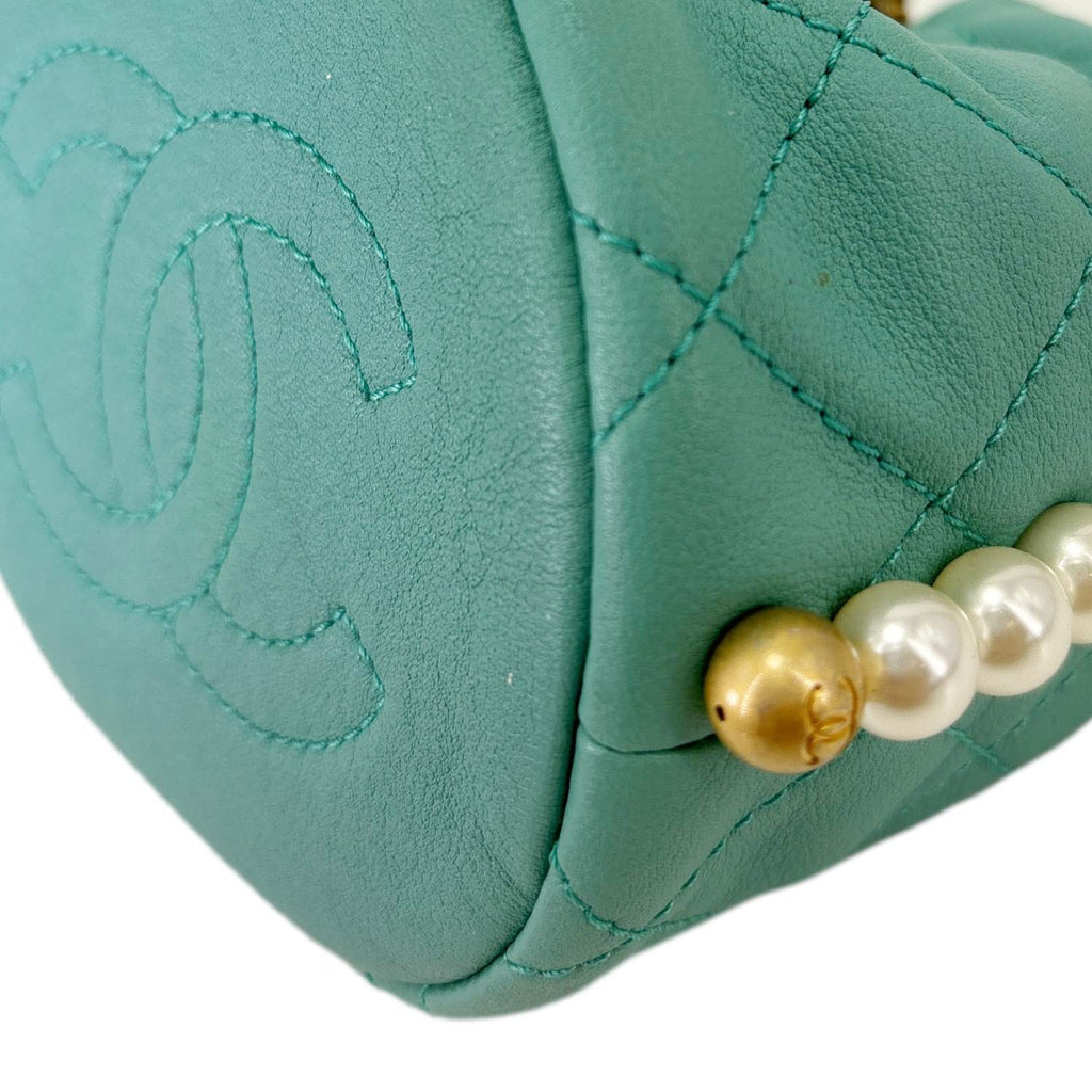 CHANEL About Pearls Quilted Calfskin Leather Drawstring Bucket Bag Teal