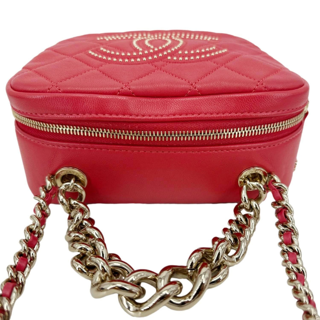 CHANEL Studded Beauty Begins Quilted Lambskin Leather Camera Case Red