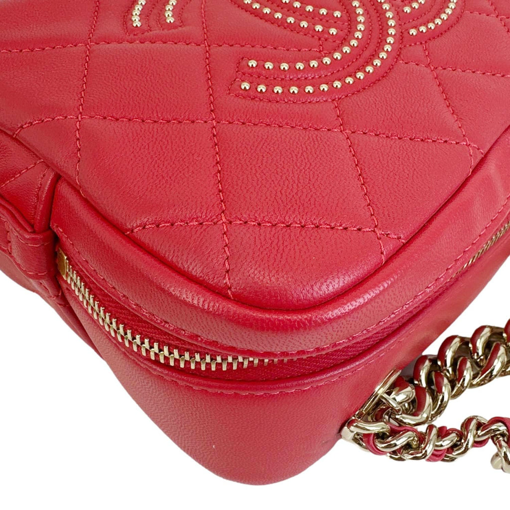 CHANEL Studded Beauty Begins Quilted Lambskin Leather Camera Case Red