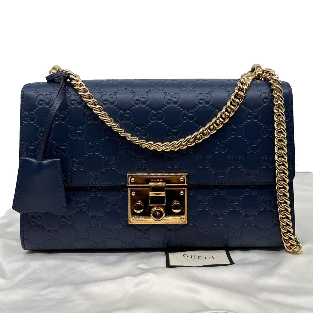 GUCCI Padlock Medium GG Leathrer Chain Shoulder Bag Navy Blue 409486