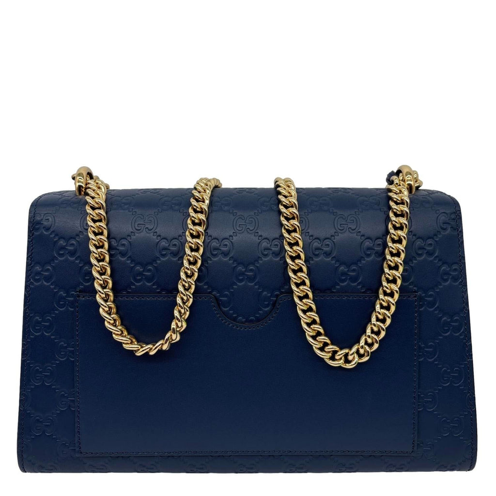 GUCCI Padlock Medium GG Leathrer Chain Shoulder Bag Navy Blue 409486