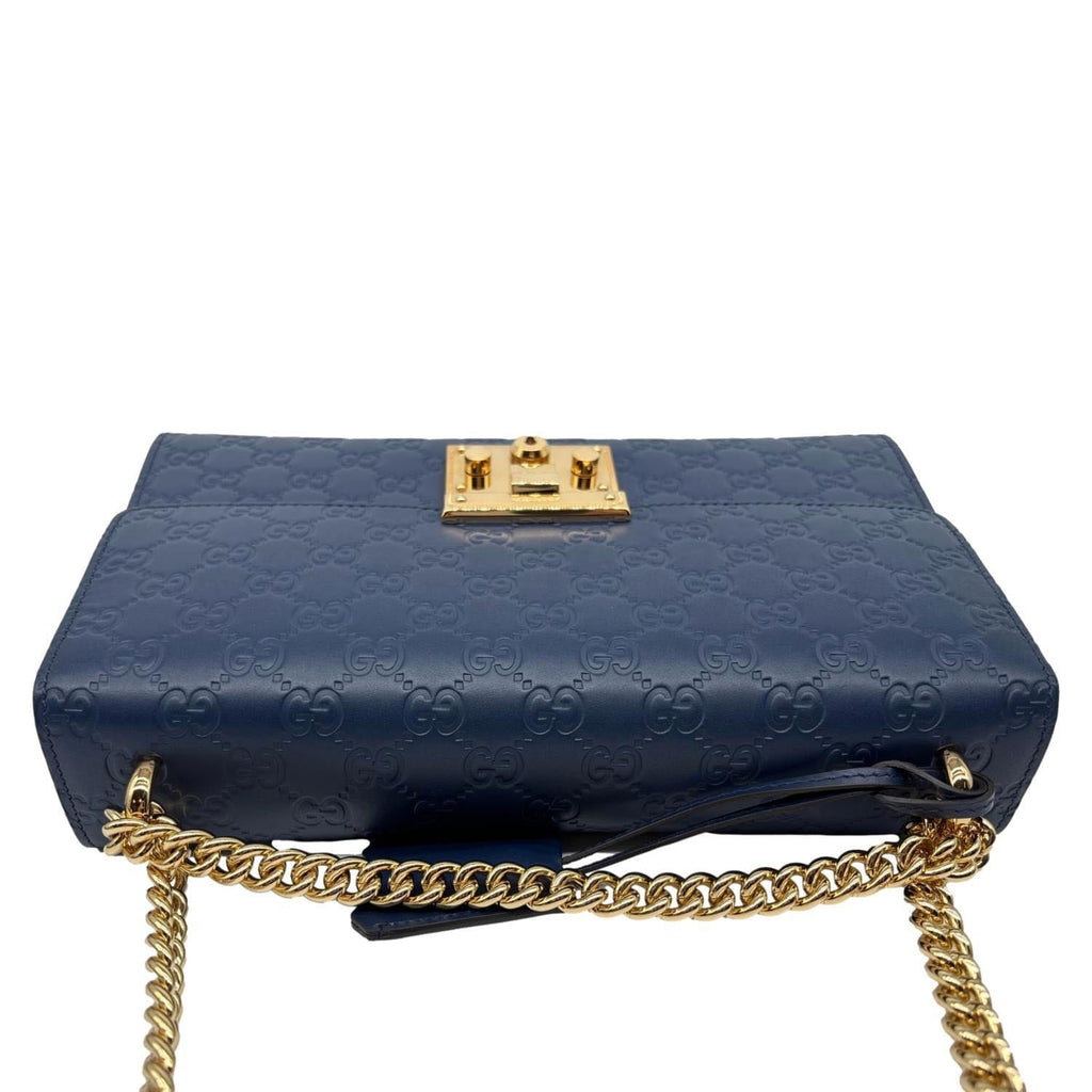 GUCCI Padlock Medium GG Leathrer Chain Shoulder Bag Navy Blue 409486