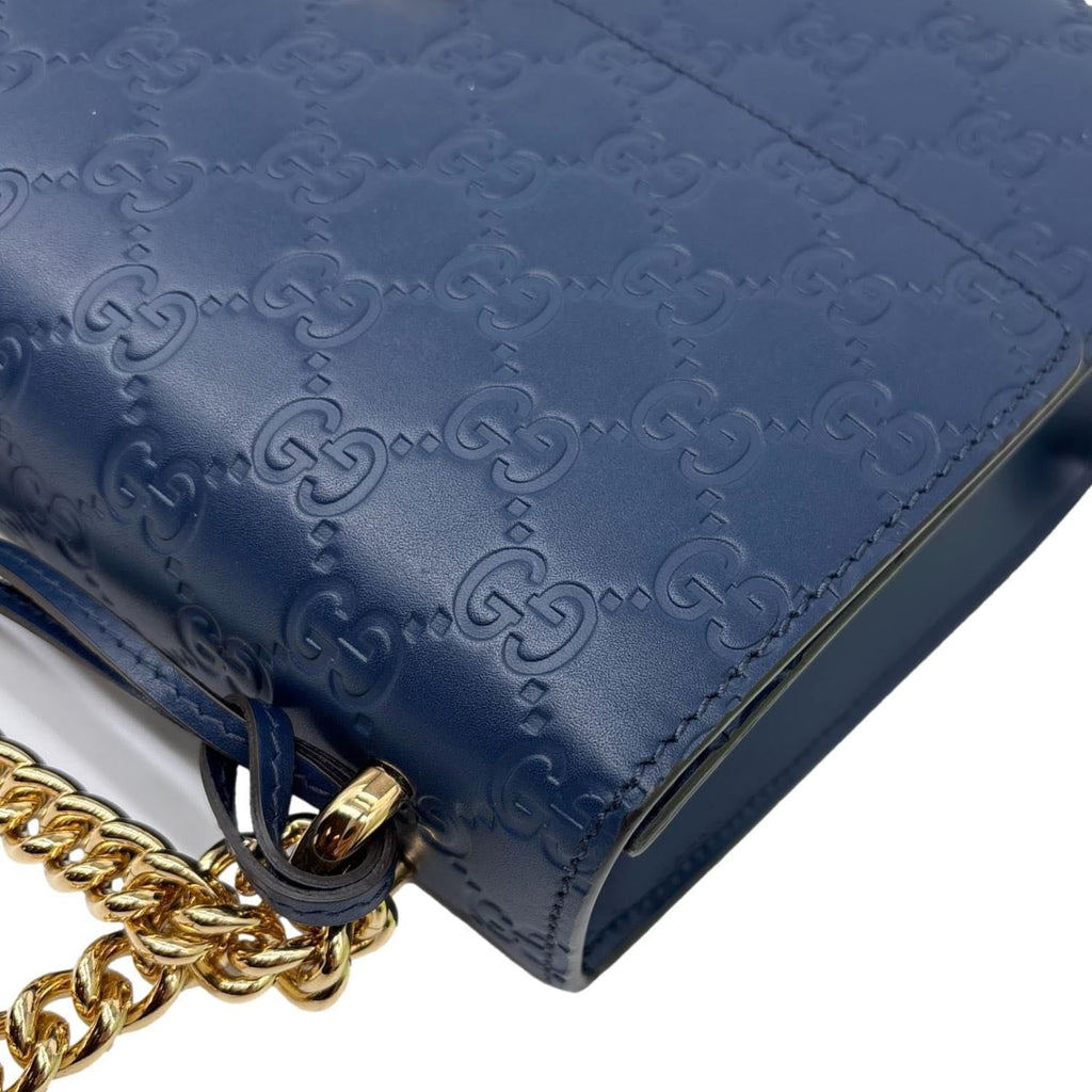 GUCCI Padlock Medium GG Leathrer Chain Shoulder Bag Navy Blue 409486