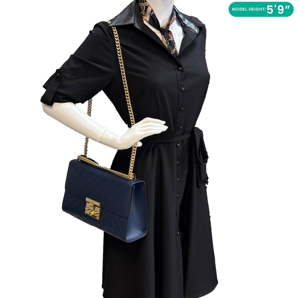 GUCCI Padlock Medium GG Leathrer Chain Shoulder Bag Navy Blue 409486