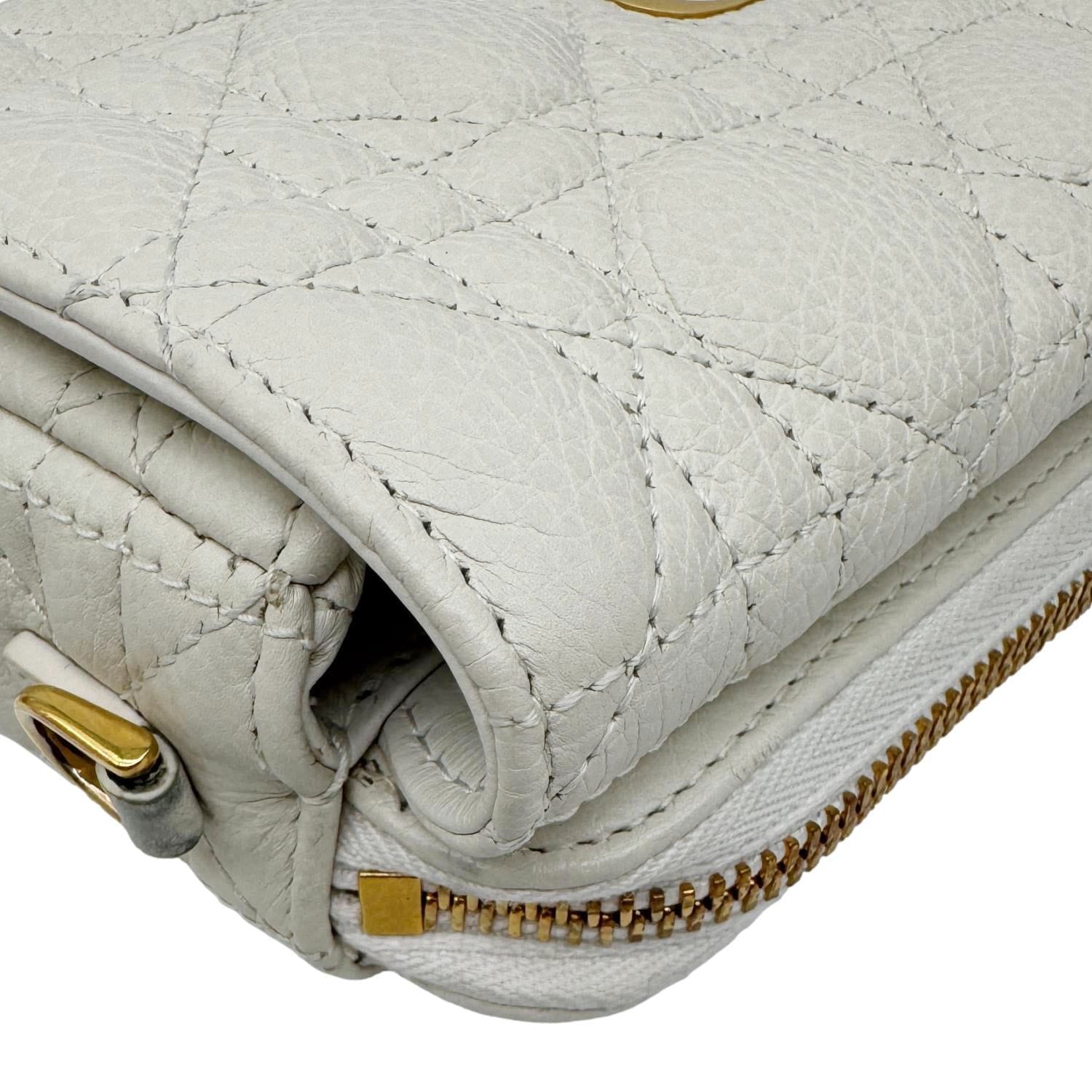 CHRISTIAN DIOR Caro Supple Cannage Calfskin Leather Chain Shoulder Bag Ivory