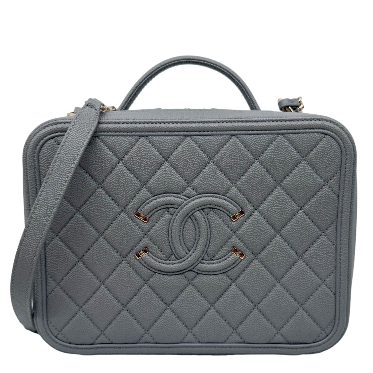 CHANEL Vanity Case Filigree CC Large Caviar Quilted Shoulder Bag Grey