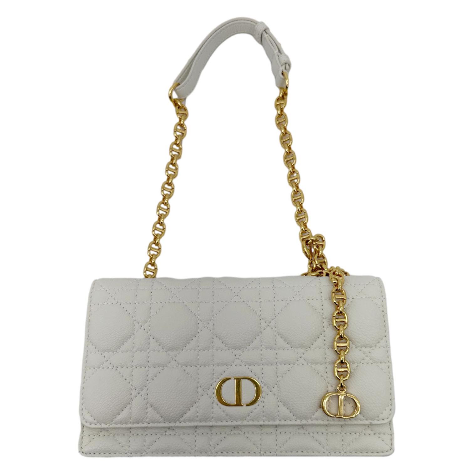 CHRISTIAN DIOR Caro Supple Cannage Calfskin Leather Chain Shoulder Bag Ivory