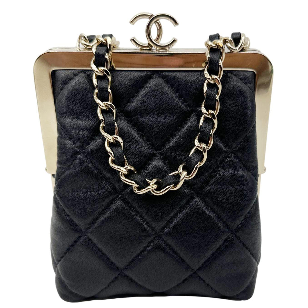 CHANEL Kisslock Logo Lambskin Quilted Leather Chain Clutch Shoulder Bag Black