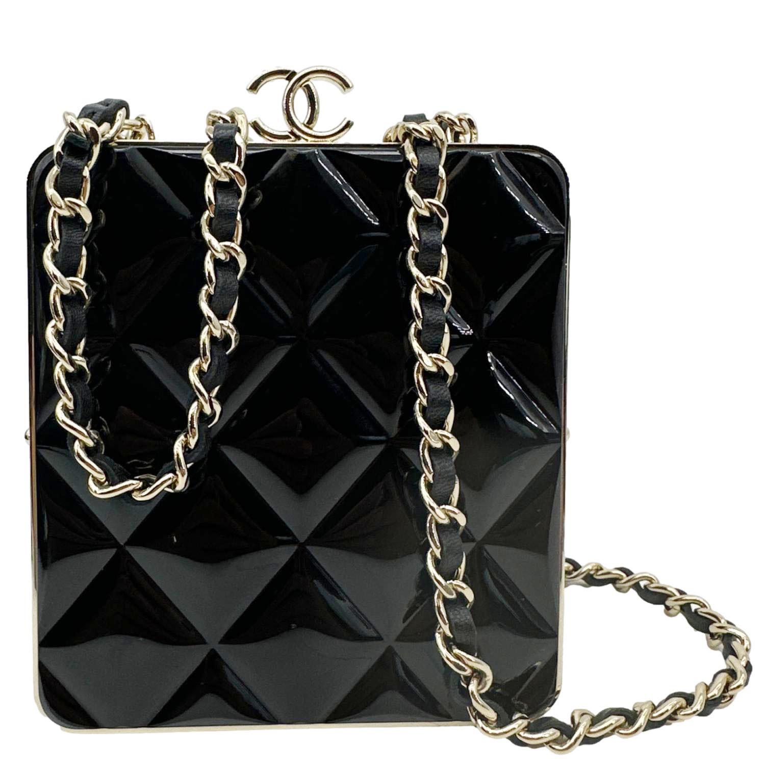 CHANEL Kisslock Logo Lambskin Quilted Leather Chain Clutch Shoulder Bag Black