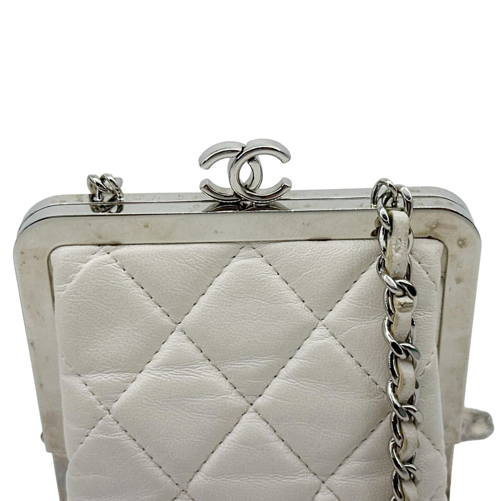 CHANEL Kisslock Logo Plexiglass Quilted Lambskin Leather Clutch With Chain White