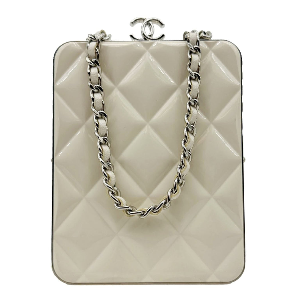 CHANEL Kisslock Logo Plexiglass Quilted Lambskin Leather Clutch With Chain White