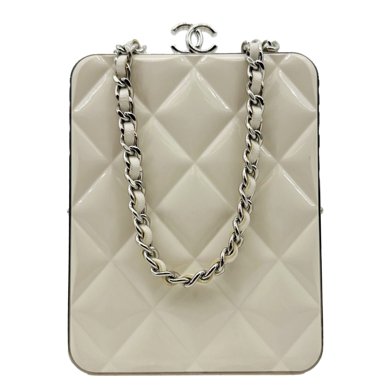 CHANEL Kisslock Logo Plexiglass Quilted Lambskin Leather Clutch With Chain White
