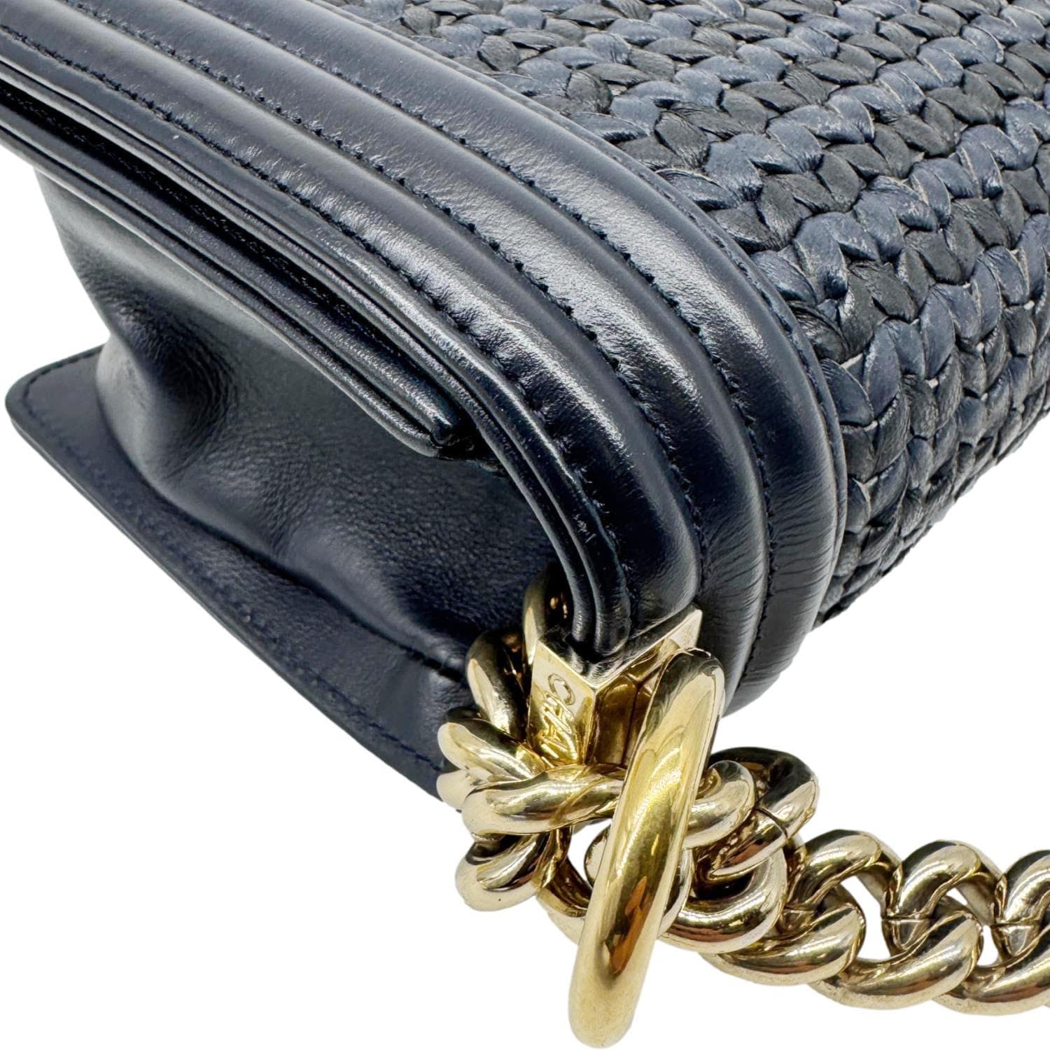 CHANEL Boy Small Braided Leather Shoulder Bag Navy Blue