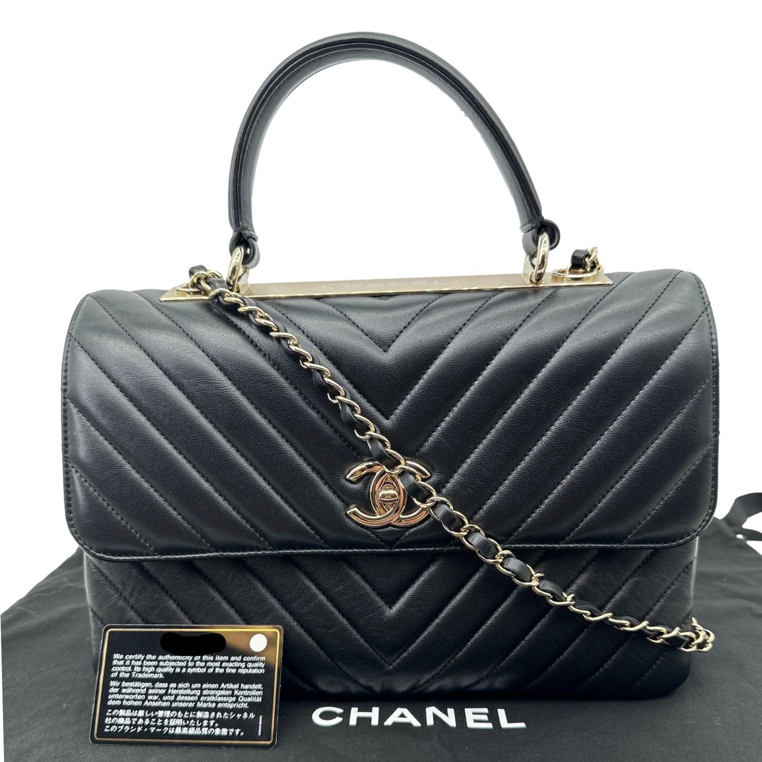 CHANEL Trendy CC Medium Chevron Leather Top Handle Shoulder Bag Black