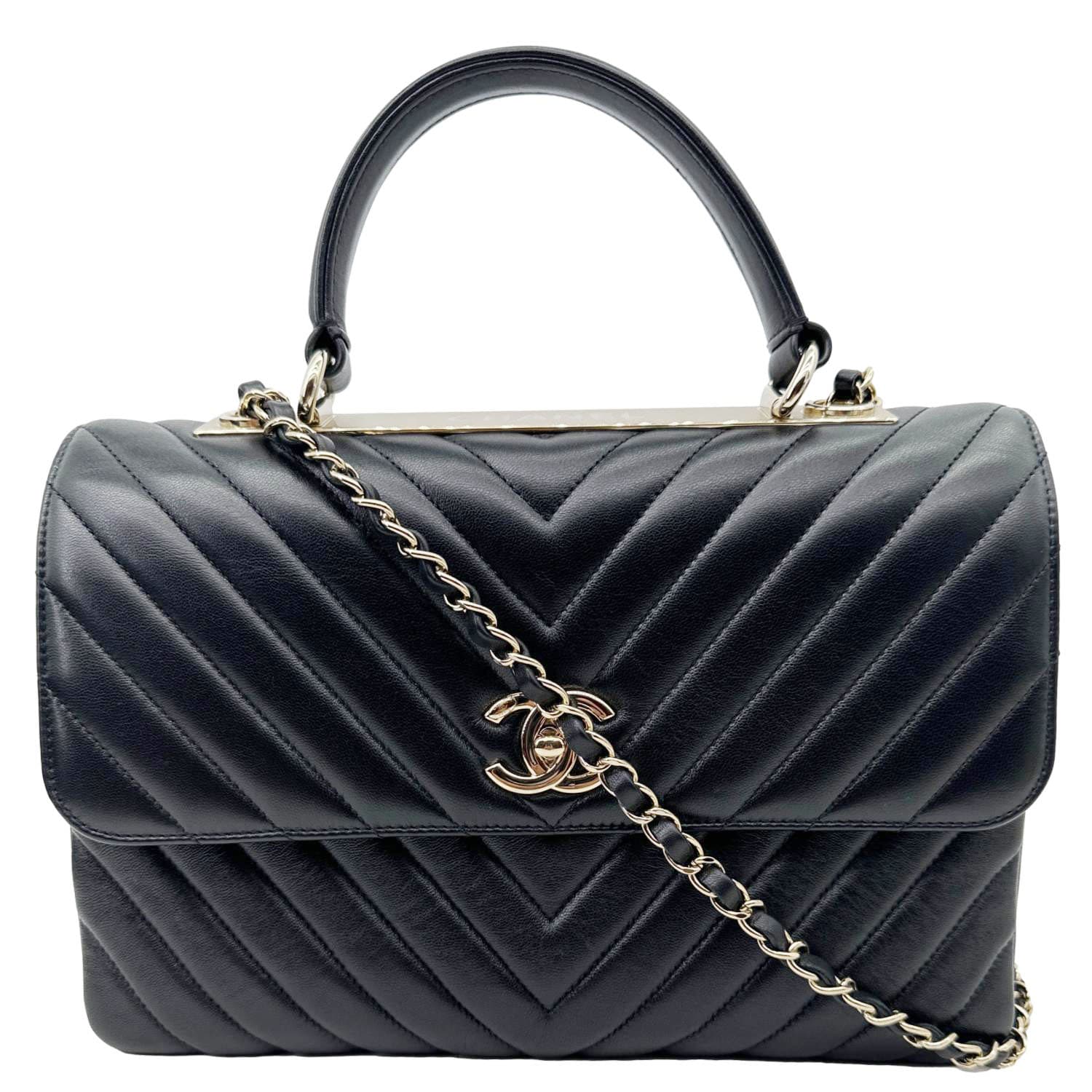 CHANEL Trendy CC Medium Chevron Leather Top Handle Shoulder Bag Black
