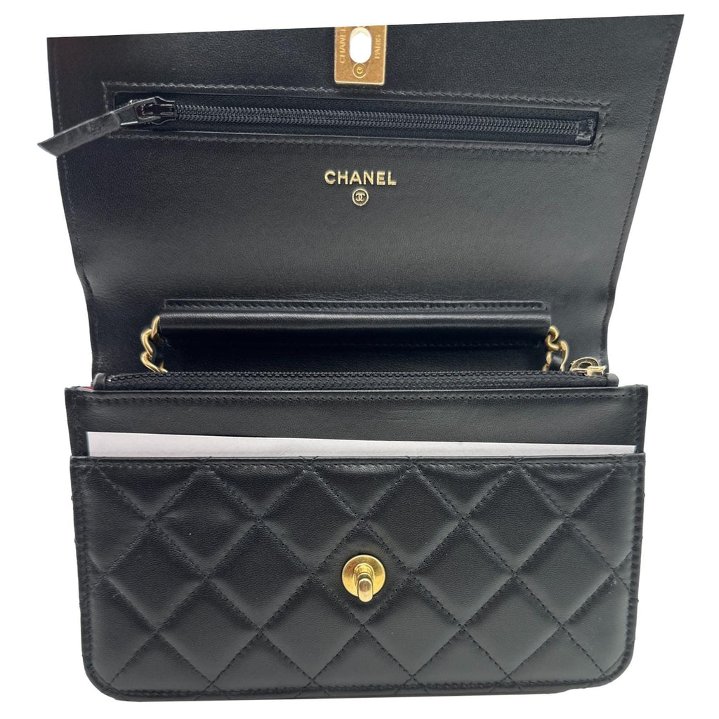CHANEL Pearl Crown Quilted Lambskin Leather Wallet On Chain Black