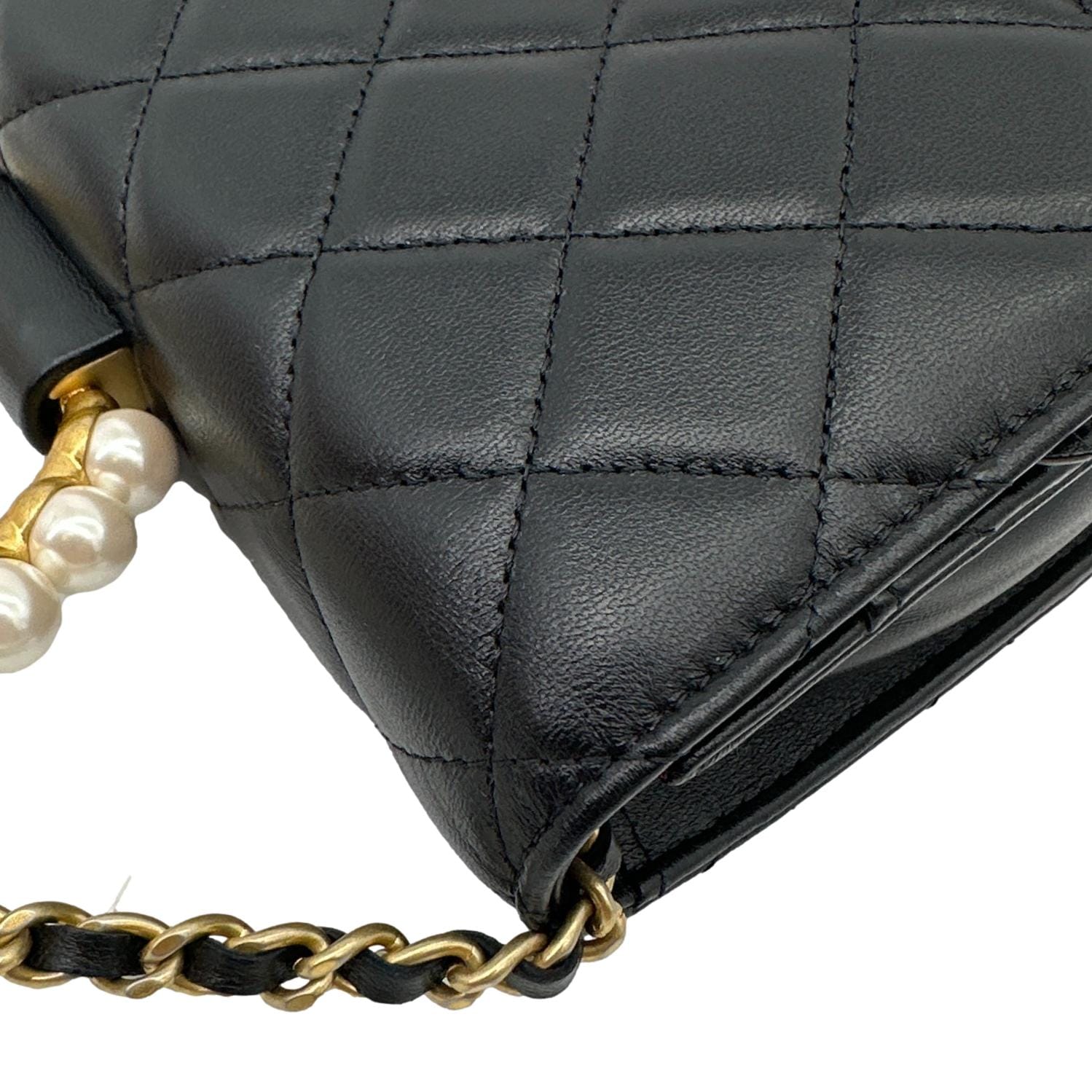 CHANEL Pearl Crown Quilted Lambskin Leather Wallet On Chain Black