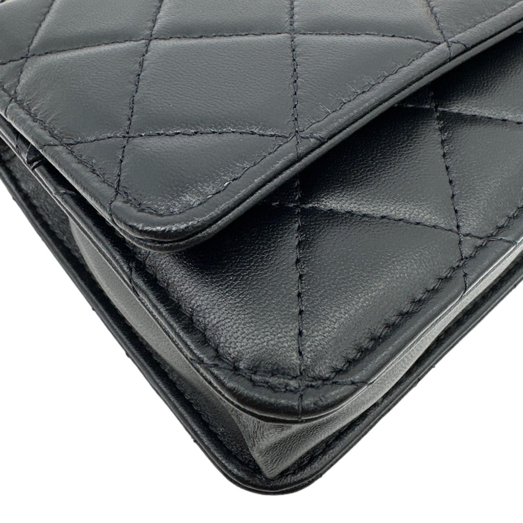 CHANEL Pearl Crown Quilted Lambskin Leather Wallet On Chain Black