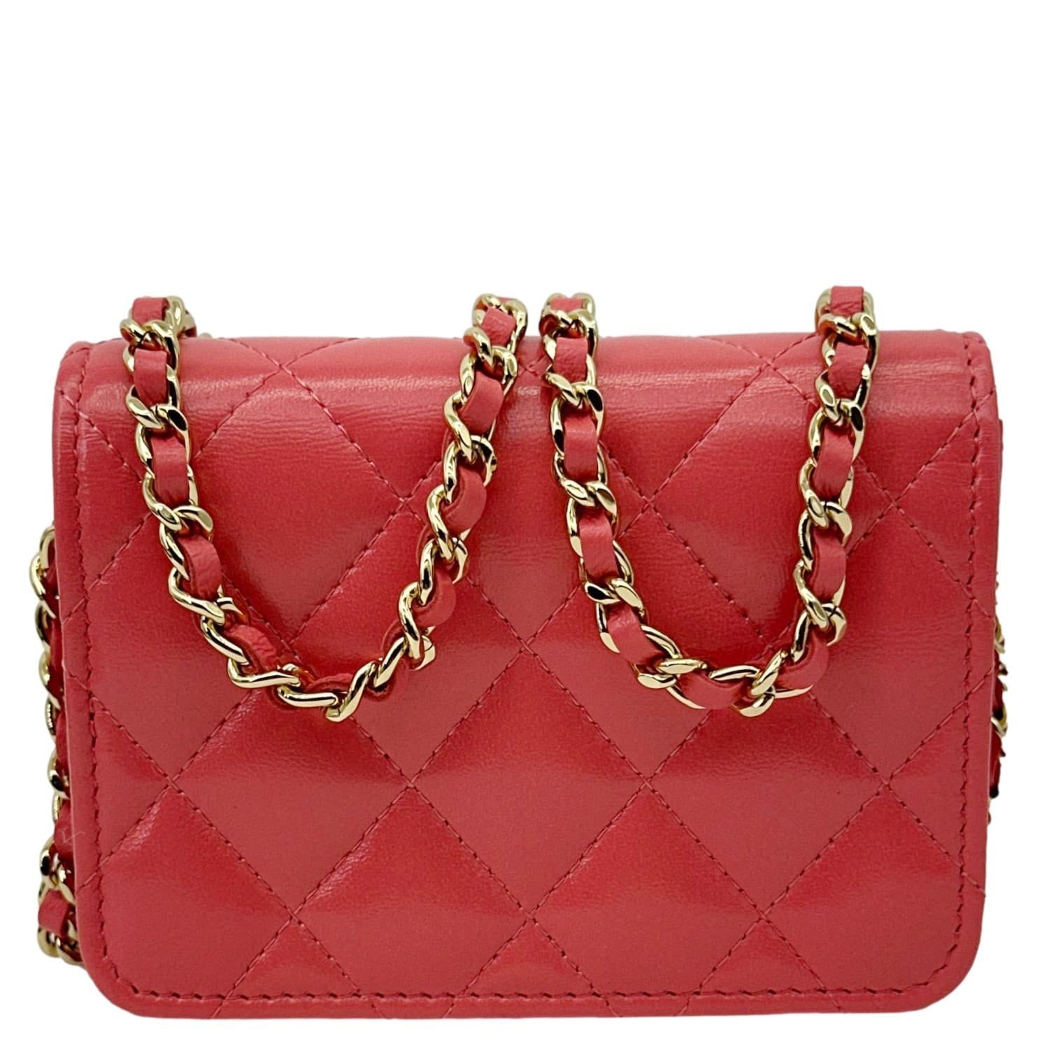 CHANEL Shiny Quilted Lambskin Leather Card Holder On Chain Red