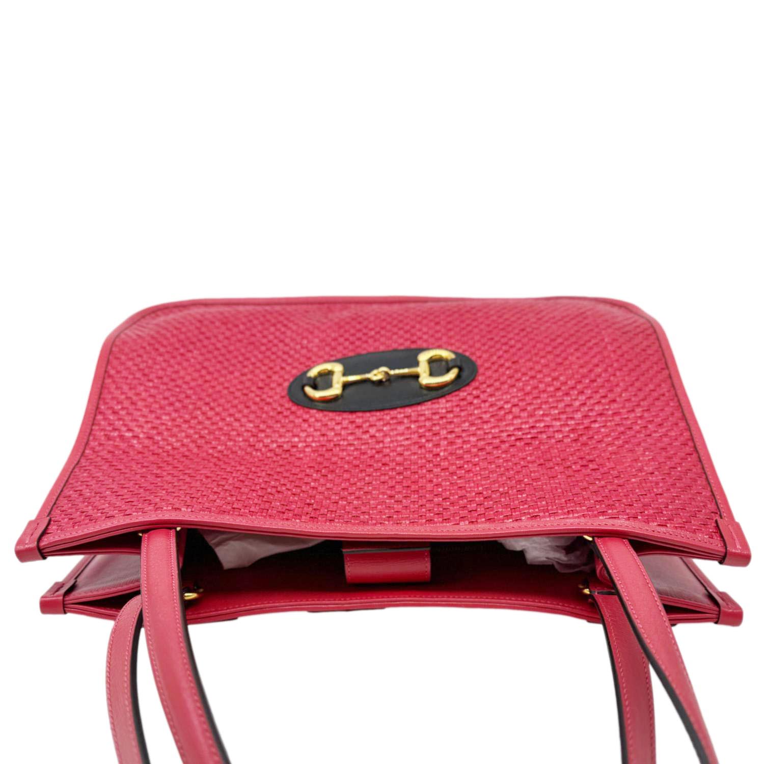 GUCCI Horsebit 1955 Medium Raffia Leather Tote Bag Red 623694