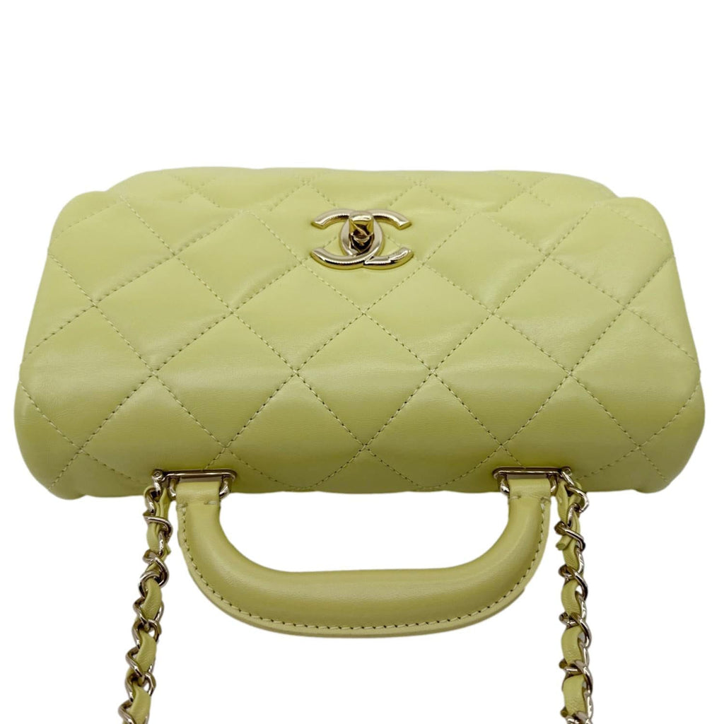 CHANEL Flap Mini Quilted Lambskin Leather Top Handle Crossbody Bag Yellow