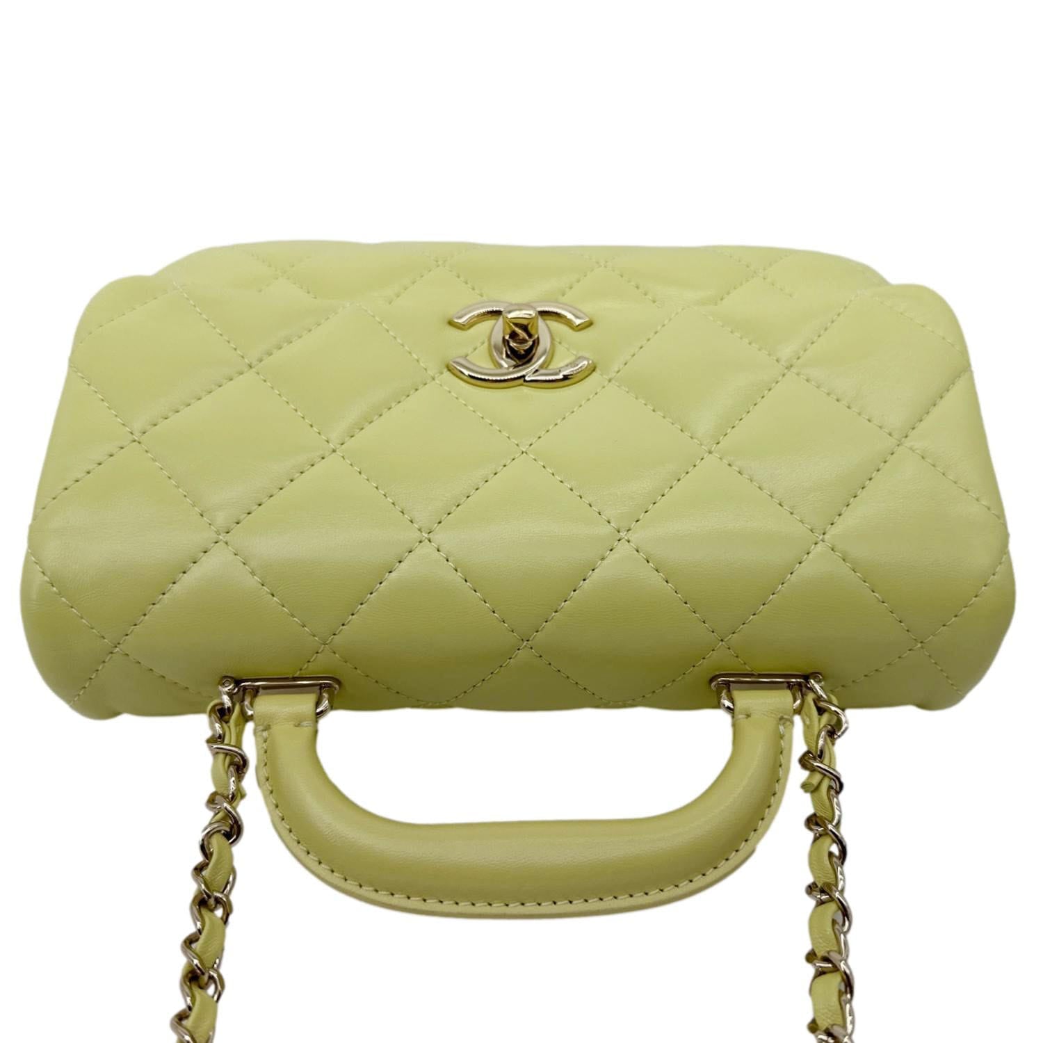 CHANEL Flap Mini Quilted Lambskin Leather Top Handle Crossbody Bag Yellow