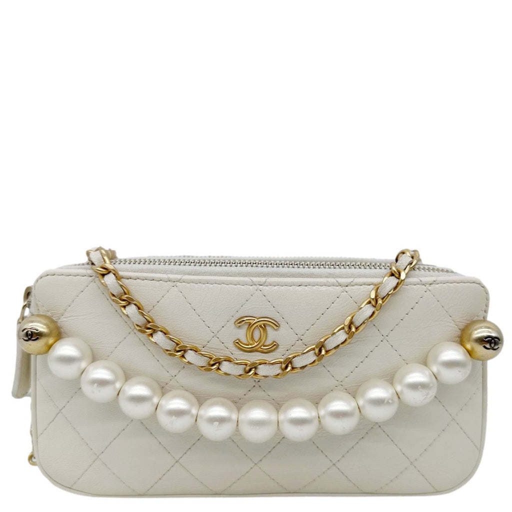 CHANEL Chic Pearls Quilted Lambskin Leather Double Zip Clutch With Chain White