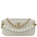 CHANEL Chic Pearls Quilted Lambskin Leather Double Zip Clutch With Chain White