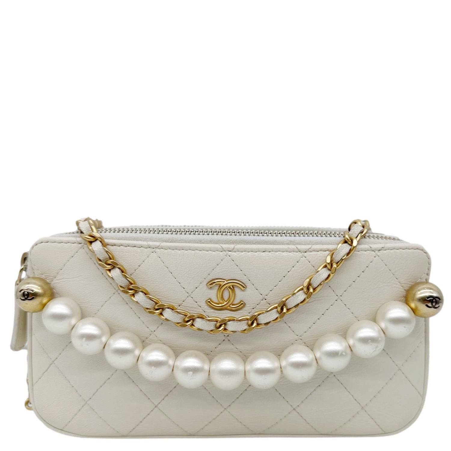 CHANEL Chic Pearls Quilted Lambskin Leather Double Zip Clutch With Chain White