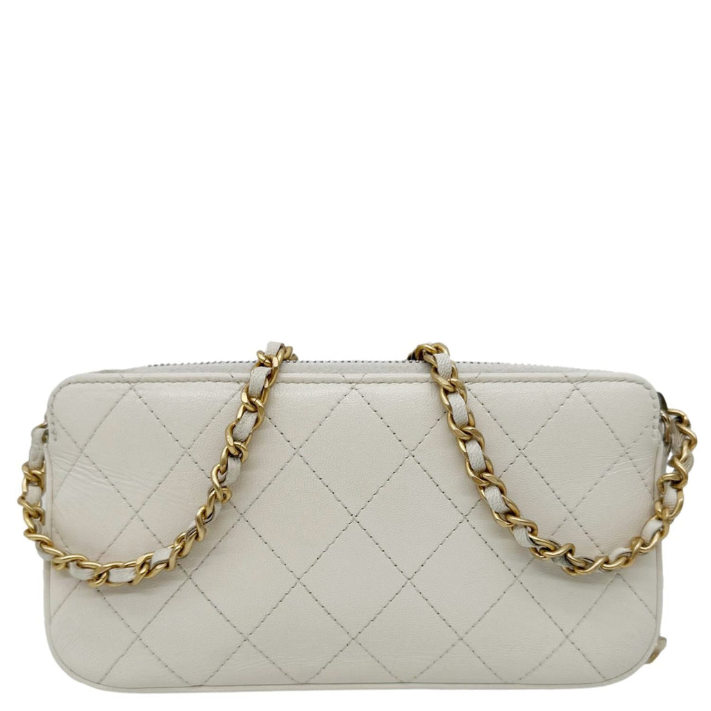 CHANEL Chic Pearls Quilted Lambskin Leather Double Zip Clutch With Chain White