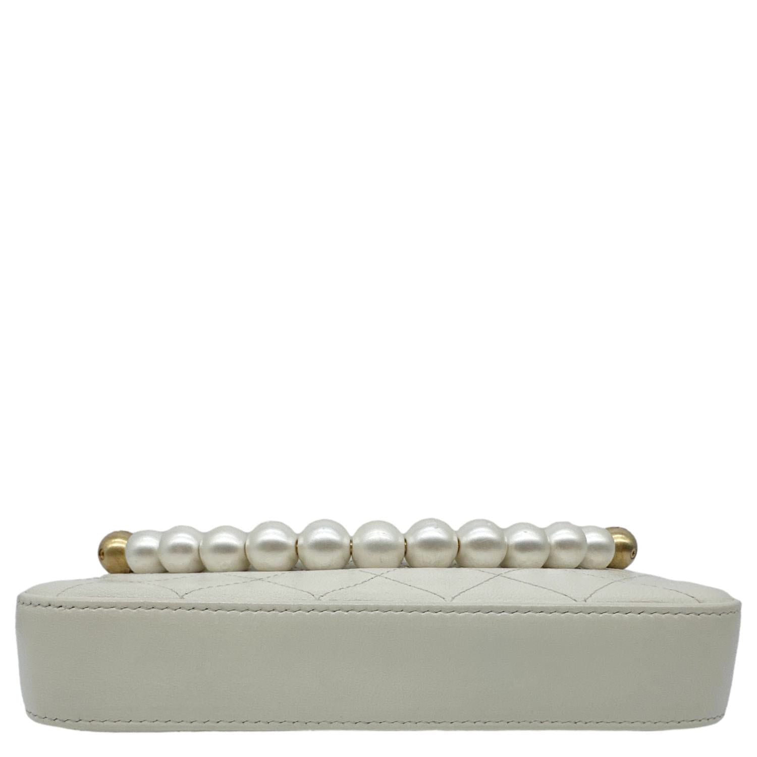CHANEL Chic Pearls Quilted Lambskin Leather Double Zip Clutch With Chain White