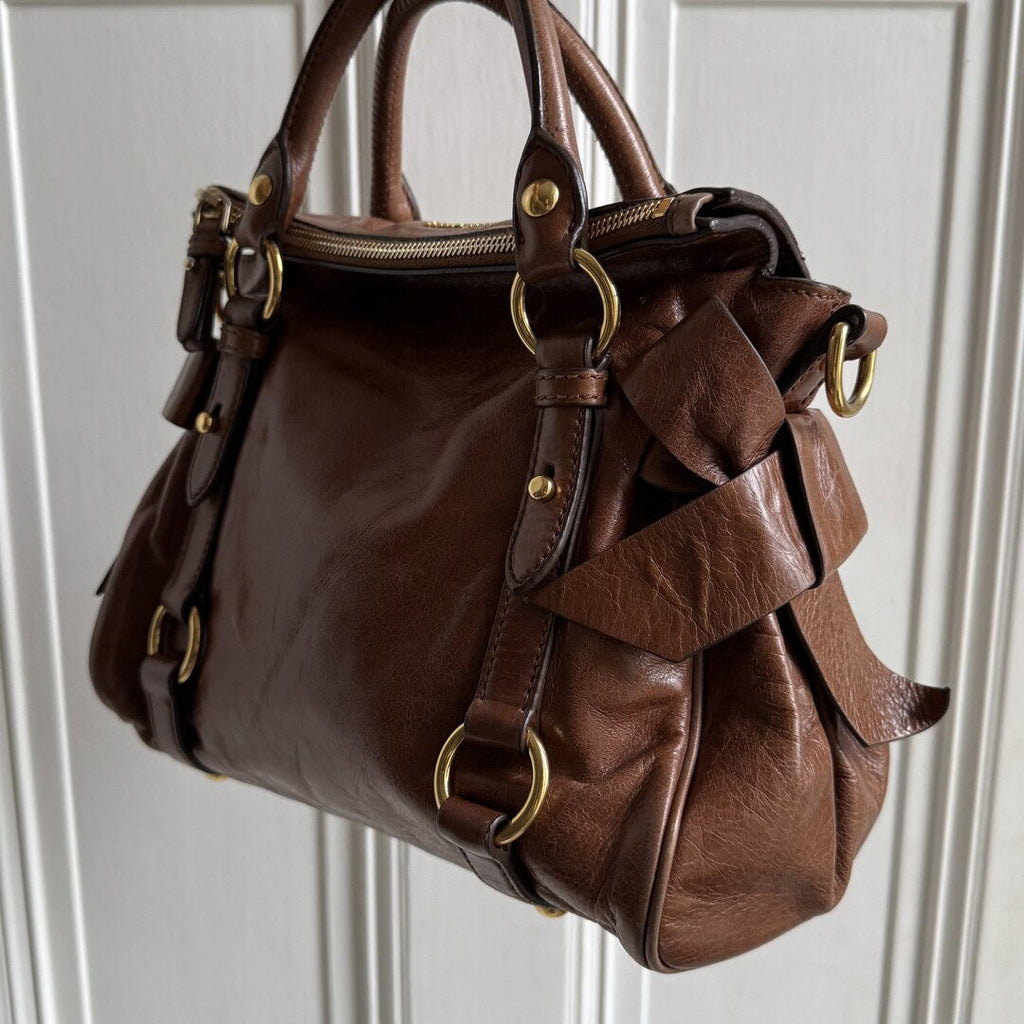 🔥 Authentic Miu Miu Mini Vitello Lux Brown Leather Handbag Pre-owned 🔥