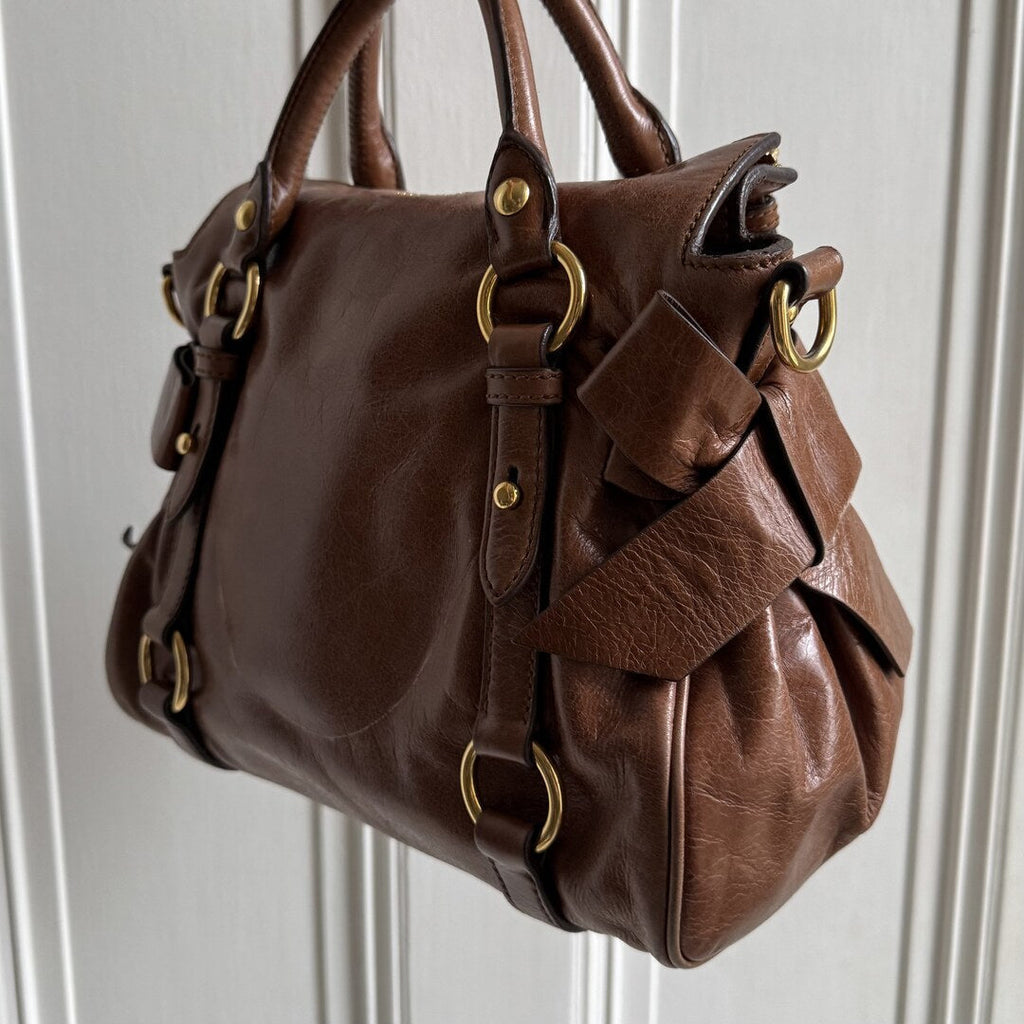 🔥 Authentic Miu Miu Mini Vitello Lux Brown Leather Handbag Pre-owned 🔥
