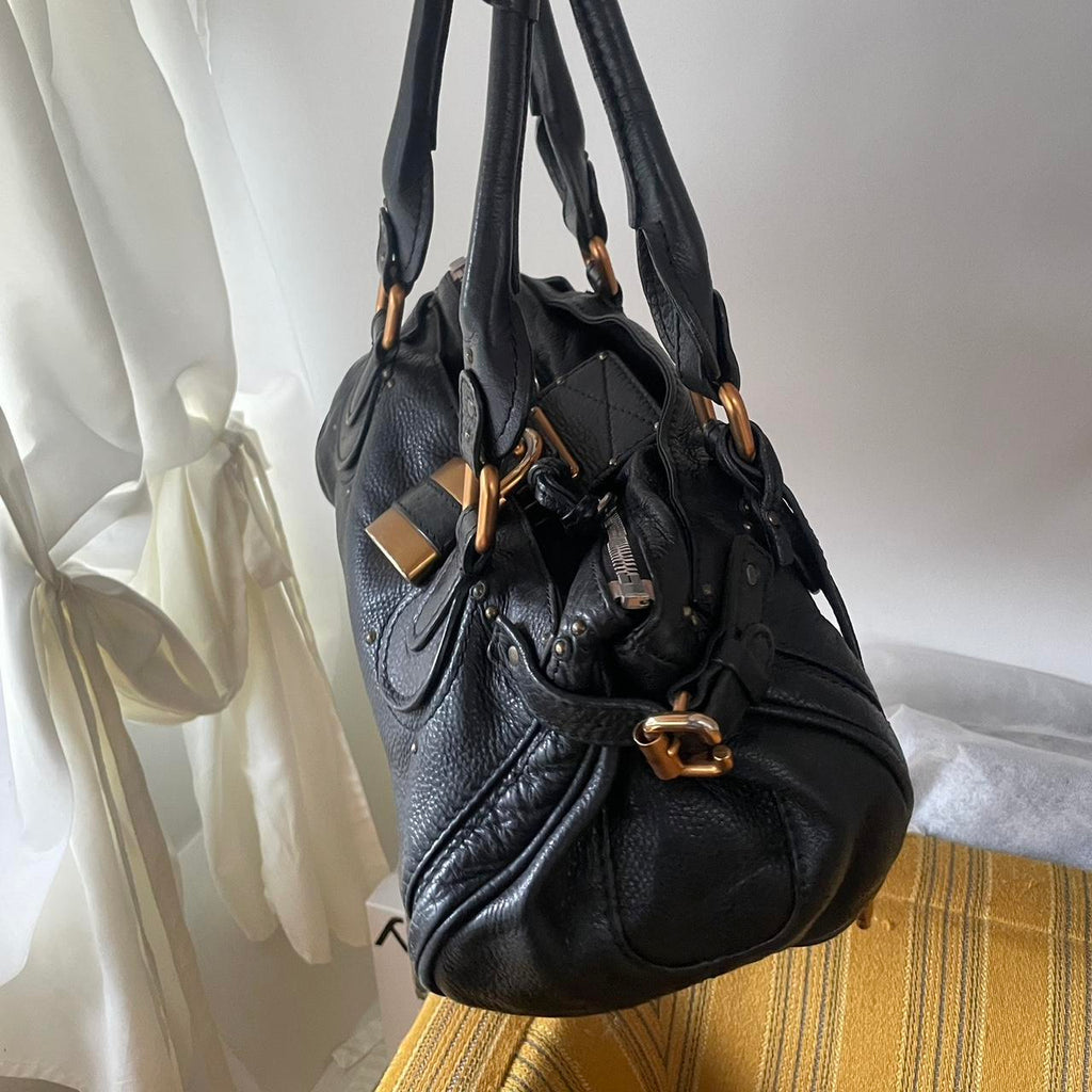 🔥 Authentic Vintage Classic Regular Size Black Leather Chloé Paddington Bag with Brass-toned Hardware Pre-owned 🔥