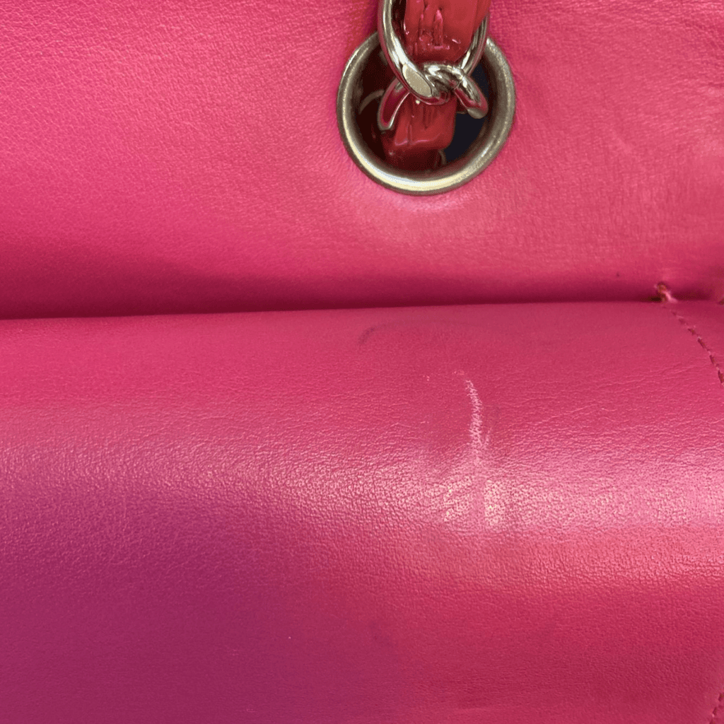 CHANEL Classic Double Flap Medium Quilted Patent Leather Shoulder Bag Dark Pink