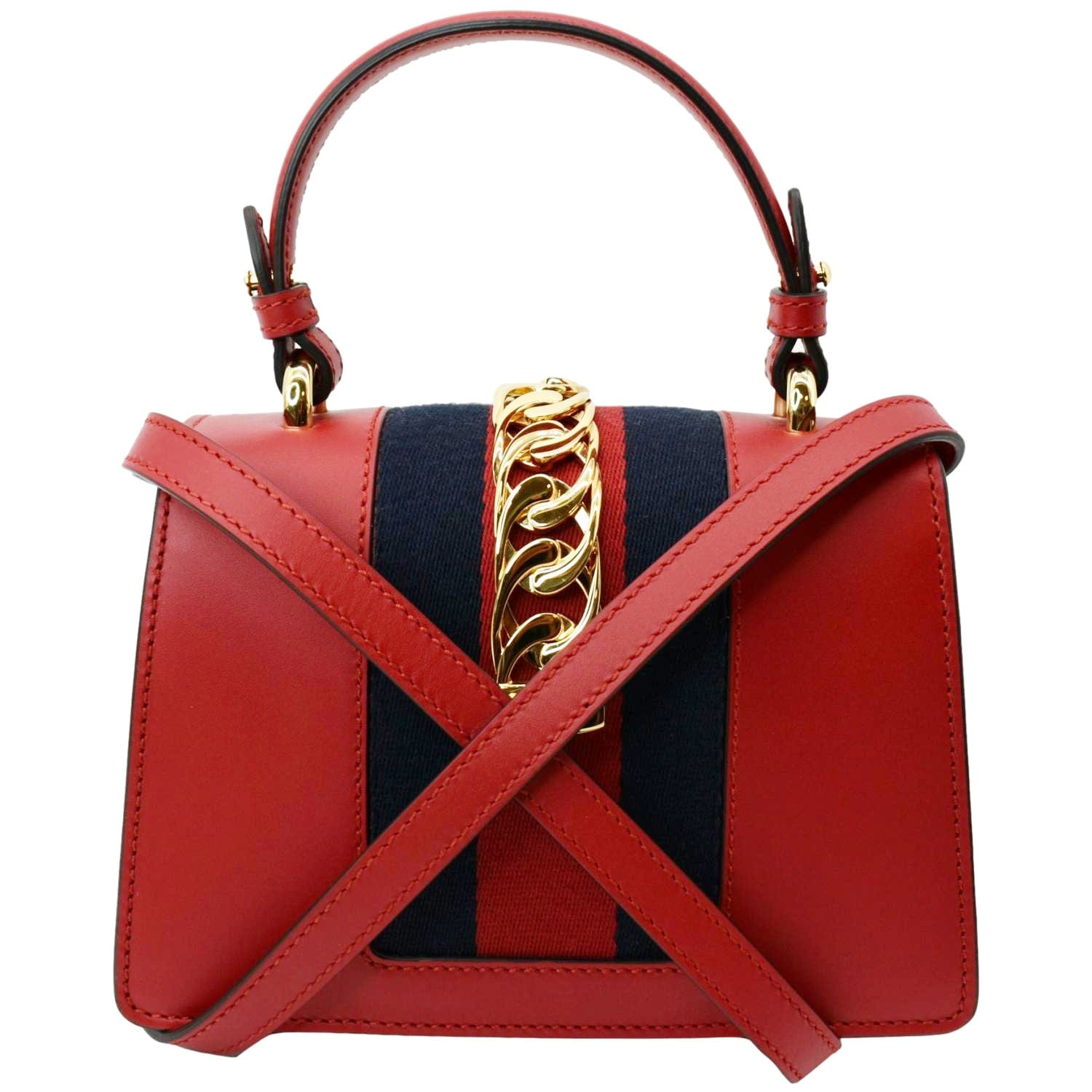 GUCCI Sylvie Mini Leather Top Handle Crossbody Bag Hibiscus Red 470270