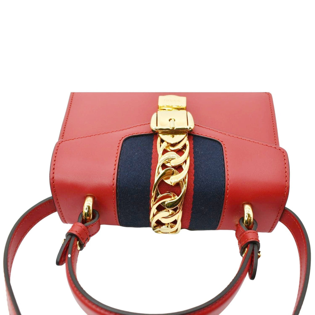 GUCCI Sylvie Mini Leather Top Handle Crossbody Bag Hibiscus Red 470270