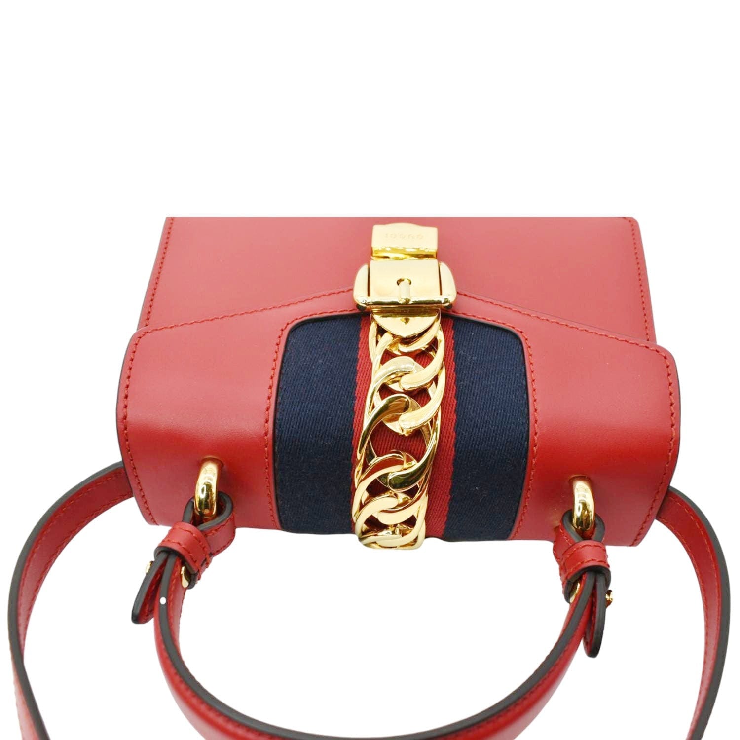 GUCCI Sylvie Mini Leather Top Handle Crossbody Bag Hibiscus Red 470270