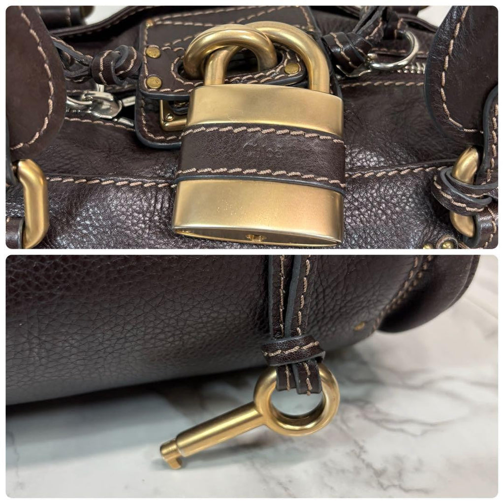 Rare Chloe Paddington Hand Bag Leather Dark Brown Padlock Key Used