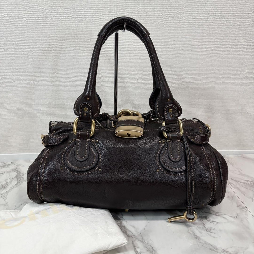Rare Chloe Paddington Hand Bag Leather Dark Brown Padlock Key Used