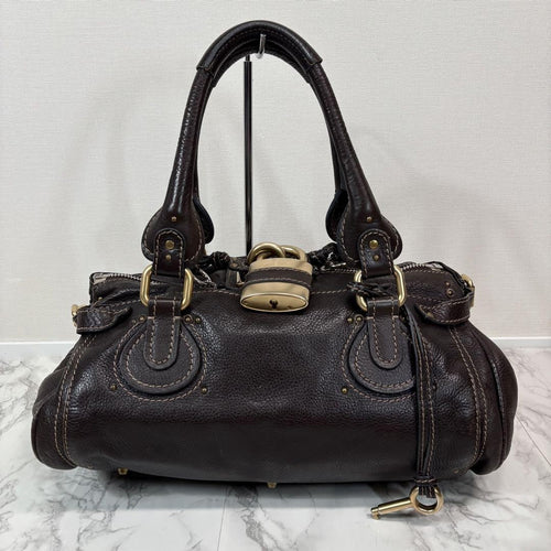 Rare Chloe Paddington Hand Bag Leather Dark Brown Padlock Key Used