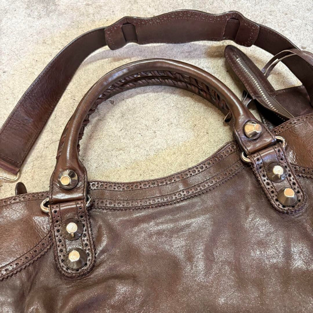 BALENCIAGA Y2K Giant City Brown Leather 2-Way Shoulder Bag Handbag AUTHENTIC ES1